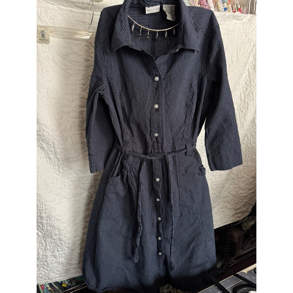 White Stag Navy Pinstripe Seersucker Shirt Dress Cotton Button Front Medium 8/10